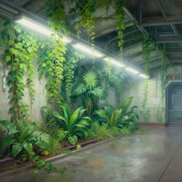 a painting of an old abandoned metro station that has vibrant green vines and exotic plants growing over the walls illuminated by bright led lights with a slightly foggy atmosphere by moebius and mad dog jones
