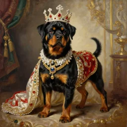 the royal king's rottweiler by greg hildebrant fancy rococo baroque regal puppy oil painting high quality award winning clothed in fancy garb