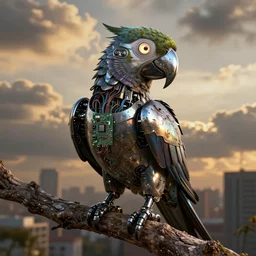 robot technological parrot bird with chrome beak, metal wings, perched on a tree branch, golden hour, intense clouds, city background, complex electronics circuit board and wires, iridescent, grunge and dirt, glowing eye, sharp details, subdued color, octane render, designed by apple and tesla, imax