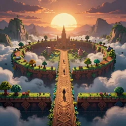 way to the beautiful city in a ring of mountains, side-scrolling 2d platformer game level, swirling clouds, fantasy magical vegetation, dramatic dusk sun illuminates areas, volumetric light , detailed carved ornaments, rich color, upscale , 8k