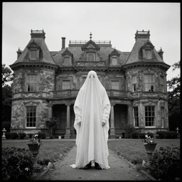 photograph from 1900 of a ghost in a mansion. Black and white. Film.