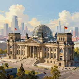dystopian reichstag Germany, futuristic digital painting, concept art, skyline in back, in the style of Ralph Mcquarrie, warm lighting, trending on artstation, high detail, sci fi, bright colours, vivid colours