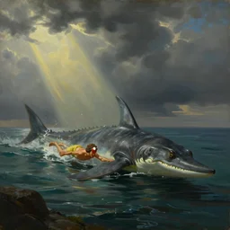 painting of prehistoric caveman swimming to escape plesiosaurus, by edward hopper and bo bartlett, cinematic light