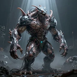 muscular creature, veins, troll, fishlike, gills, dragonlike, grown together, overgrown, electronic wires, god rays, dark, skin, plastic wrap,