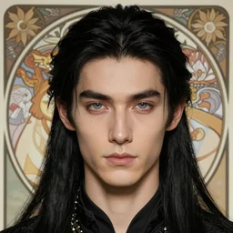 portrait of tall, 3 3 - year - old handsome man with long black hair, grey eyes, wearing black clothes, hyper realistic face, beautiful eyes, close up, fantasy art, in the style of greg rutkowski, intricate, alphonse mucha, hyper detailed, smooth