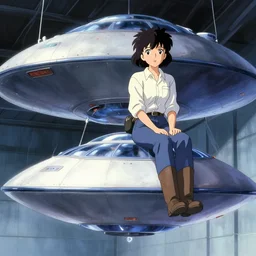 a film still of a 1 9 5 0's mechanic anime girl sitting on top of flying ufo landing in hangar of giant ufo spaceship, sharp focus, finely detailed features, full body mid shot, perfect art, trending on pixiv fanbox, painted by gaston bussiere, makoto shinkai, akihiko yoshida, gaston bussiere, craig mullins