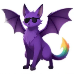 a purple wolfbat fursona with an eyepatch and a rainbow tail, drawn in a noir style
