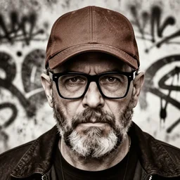 highly detailed portrait of grumpy mr robot, baseball cap, overgrown stubble, old, thick square glasses, by atey ghailan, by greg rutkowski, by greg tocchini, by james gilleard, by joe fenton, by kaethe butcher, gradient brown, black and white color scheme, grunge aesthetic!!! ( ( graffiti tag wall background ) )