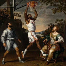 renaissance painting of lebron james dunking over an aristocrat