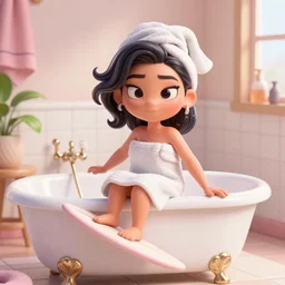 3 d render of an mischevious woman wearing a towel surfing in her bathtub in pixar style