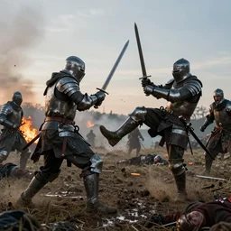 knights in battle, rough armor, swinging swords in battle, kicking, stabbing, running, fear, blood splatter, flying mud, debris, anger, hate, boots, fighting, field, burning houses, dead bodies, wet, dawn, breath, cold, hyper realistic, high octane, hyper detailed, cinematic, wide angle