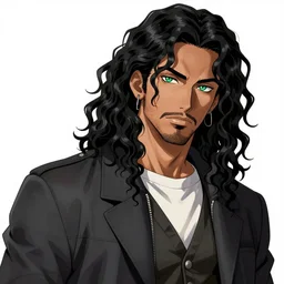 illustration of a handsome!! man with long black curly hair, tan skin, green eyes!!!, anchor goatee | wearing modern streetwear | art by hirohiko araki & jean giraud & artgerm & jack kirby
