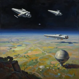 yavin iv landscape, starships, painting by raphael lacoste