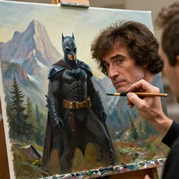 a closeup photorealistic photograph of bob ross working on a canvas painting of dark knight. film still. brightly lit scene. mountains and trees. this 4 k hd image is trending on artstation, featured on behance, well - rendered, extra crisp, features intricate detail, epic composition and the style of unreal engine.