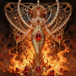 ocean of canvas that catches liquid fire, intricate pearls, ornate ruby, magical, concept art, art nouveau, reylia slaby, peter gric, trending on artstation, volumetric lighting, cgsociety