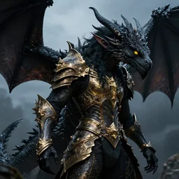 flemeth dragon age transforming into giant black dragon. black hair. yellow eyes. ornate gold armor. elf. elven. pointed ears. elf ears. detailed. sense of power. majesty. dark. cinematic moody lighting. dusk lighting