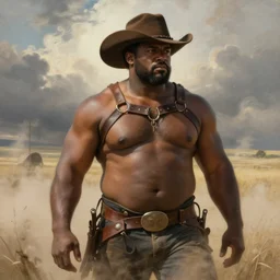 a beautiful dramatic epic painting of a thicc beefy shirtless handsome!! black man | he is wearing a leather harness!! and cowboy hat | prairie setting, dust clouds | homoerotic, highly detailed, dramatic lighting | by Mark Maggiori, by William Herbert Dunton, by Charles Marion Russell | trending on artstation