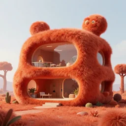 detailed architectural render of a futuristic home furry fuzzy muppets red orange shape hairy surreal atmosphere inspired by postmodernism hyperreal hyperdetailed 3 d samaritual 8 k real engine