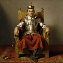 A still of Mr. bean depicted as a medieval king on a throne, renaissance oil painting by Salvador Dali