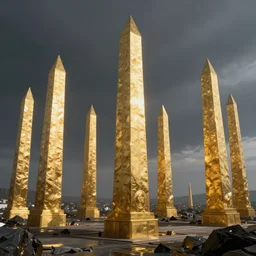 giant gold obelisks, ultrawide shot of obsidian landscape, concept art, anato finnstark style,