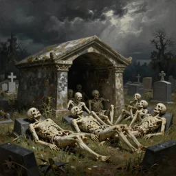 hyper realistic painting of corpses emerging from the tombs of the cemetery
