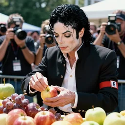 michael jackson abusing fruits, paparazzi photo, realistic, sunny day,