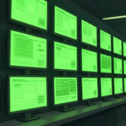 a wall of monitors glowing green, cyberpunk background, cinematic view, detailed, vector art, high detail, warm lighting, volumetric, godrays, vivid, beautiful, trending on artstation, by jordan grimmer, huge scene, grass, art greg rutkowski