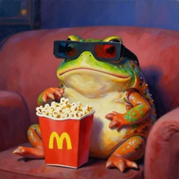 hyper realistic oil painting of toad watching a movie on the couch and eating some popcorn, vibrant colors, wearing 3 d glasses, high contrast, by greg rutkowski, trending on artstation
