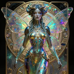 a very beautiful highly detailed hyperrealistic 8 k render of carolyn murphy as a dark alien techno matrix fairy goddess in alphonse mucha style gustav klimt rainbow iridescent shining trending on artstation made in unreal engine 4