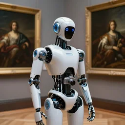 a professional photo of a futuristic cool beautiful robot with a camera in a museum full of classical oil paintings.
