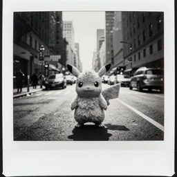 photo polaroid of a raichu in the middle of a New York street, loneliness, war, black and white ,photorealistic, 35mm film,