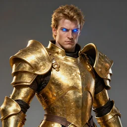 a highly detailed character portrait of a man wearing a epic golden armor with glowing blue eyes concept art