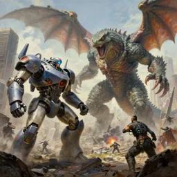 An incredible fantastical painting of an epic battle: ROBOT vs KAIJU! Large robotic mech piloted by a human pilot vs titanic creature monster scaly lizard like with wings and tentacles and A MONSTER. They battle in the middle of a city | City destroyed giants in big fight sci fi horror action fantasy Kaiju | by Greg Rutkowski and Greg Staples with James Gurney | hyperrealism artwork beautiful detailed painting | trending on Artstation