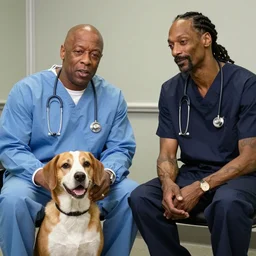The rapper 'Dr. Dre' giving medical advice while wearing scrubs to Snoop Dogg and his dog, photorealistic