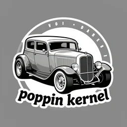 vector rave hotrod style logo for an anarchist collective called poppin kernel with an anthropomorphic popcorn on fire with mirrorshades