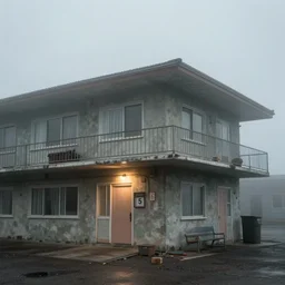 a shady two story motel, fog, by craig mullins and raphael lacoste, cinematic and dramatic lighting, zoomed out