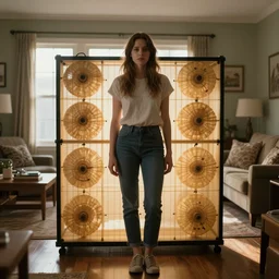 backlit image of young woman standing in front of orgone accumulator in suburban living room, crisp focus, highly detailed, in christopher nolan style style, 4 k, ultra sharp