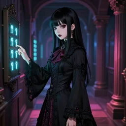 1 7 - year - old goth girl, black hair, long bob cut, long bangs, gothic coat, dark hallways, soft lighting, glowing keypads, secret society, roman pillars, strong lighting, strong shadows, vivid hues, ultra - realistic, sharp details, subsurface scattering, intricate details, hd anime, 2 0 1 9 anime