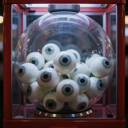gumball machine full of eyeballs instead of gumballs