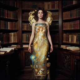 lomography, full body portrait photo of women like reol wearing magical artifacts designed by alphonse mucha, in a ornate library, open books, moody, realistic, dark, skin tinted a warm tone, light blue filter, hdr, rounded eyes, detailed facial features, gold black