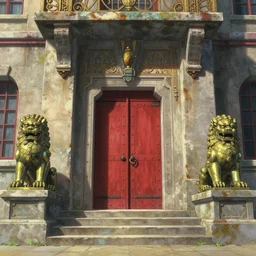 establishing shot, three point perspective, animation key shot of the great wing temple, ultra wide, red door, stone steps, symmetrical brass lion statues, sunlight, ornate, rust, art deco, european, versailles, metal rivets, by ghibli, shinji kimura, background art, fantastic architecture, cinematic lighting