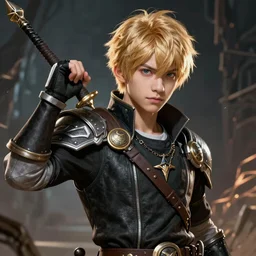 An epic fantasy comic book style portrait painting of a young blonde boy thief, unreal 5, DAZ, hyperrealistic, octane render, cosplay, RPG portrait, dynamic lighting