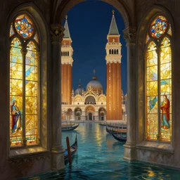 Ocean holy city, stained glass windows, gold, towering bell towers and spires, vatican, canals, venice, night, a fantasy digital painting by Greg Rutkowski and James Gurney, trending on Artstation, highly detailed