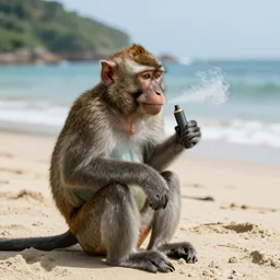 a monkey smoking vape on beach