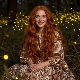 a totally enraptured smiling young woman surrounded by golden firefly lights in a mesmerizing scene, sitting amidst nature fully covered, intricate detailed dress, long loose red hair, precise linework, accurate green eyes, small nose with freckles, beautiful smooth oval head, expressive emotions, hyper realistic ultrafine portrait by artemisia gentileschi, jessica rossier, artgerm