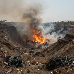 spiralling dust and fire emerging from the huge valley of dry trees , piles of wires an cable litter the landscape , volumetric lighting shines through the smoke filled sky