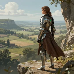 photo of one beautiful medieval-female-scout in brown plated armor with green crystals who is watching over the countryside from a cliff, elegant, highly detailed, smooth, sharp focus, illustration, beautiful, geometric, trending on artstation, unreal engine, octane render, cinematic, artwork by WLOP