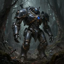 giant darkgothic battlemech walking through a grimdark forest, the feeling of dark fantasy magic, hyper realistic sci - fi matte concept art painting, beautiful details, strong composition painted by kim jung guweta studio rutkowski, james gurney and greg rutkowski, and lucasfilm, smooth, intricate, detailed, sharp focus, cinematic