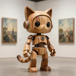 3D octane render ultra 8K photorealistic hyperdetailed unreal engine ,a wooden a very cute mystical robot of the roman godess bohemian with cat’s ears in a zen rebelle heroic pose ,concept art ,trending on cgsociety ,artwork masterpiece , in a contemporary art gallery in neo Paris