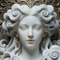 detailed realistic face portrait octane render, artwork by james jean, chiara bautista, smooth polished matte porcelain, queen of futility, jean delville, art nouveau, james jean spiraling clouds, ornate metal gothic icon heavy patina, joy, delicate, enchanting, otherworldly, whimsical, ethereal, mythology, magical, beauty